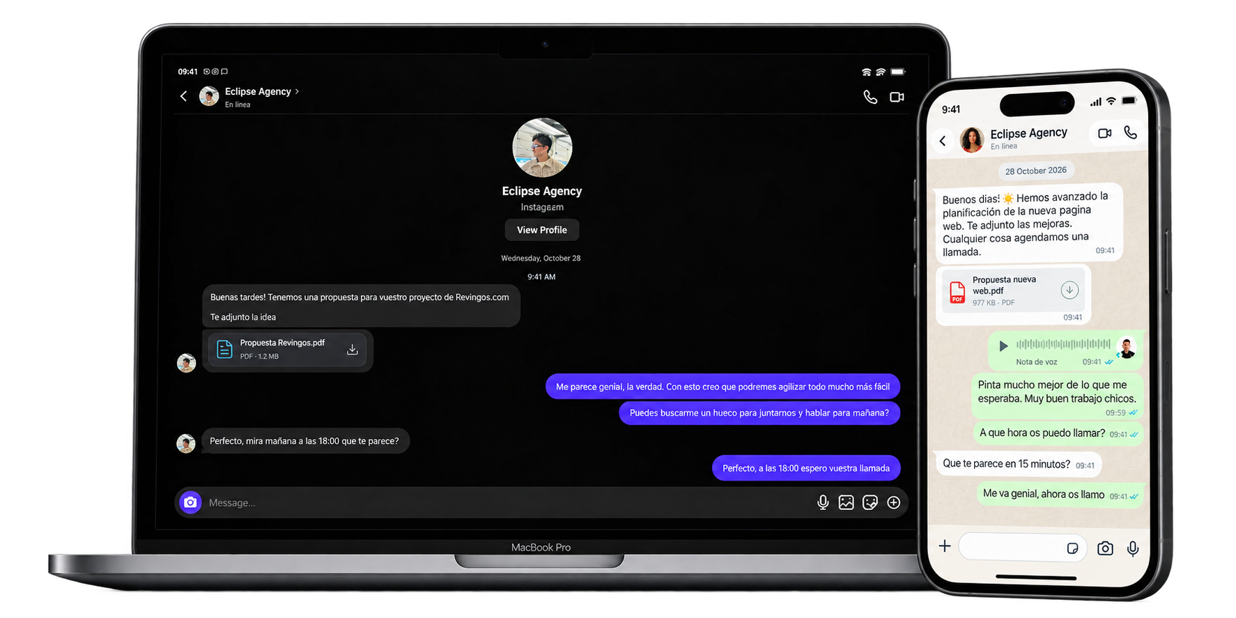 Ejemplos ilustrados de comunicación con Eclipse Agency por chat durante un proyecto.